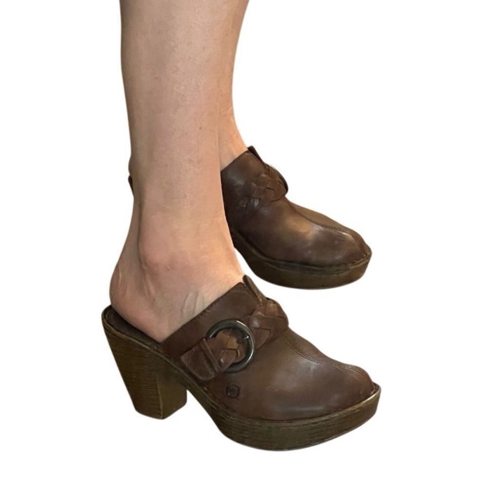 70s Y2K Boho Born Brown Leather Platform Wood Heel Clog O Ring Braided Strap 8